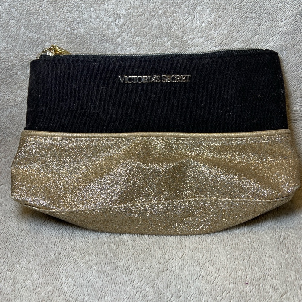Victoria's Secret Black and Glittery Gold Cosmetic Bag